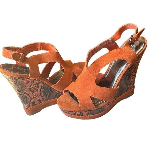 Bakers Snakeskin & Suede Wedge High Heel Open Toe Shoes Sz. 8 in Box Orange - Picture 16 of 16